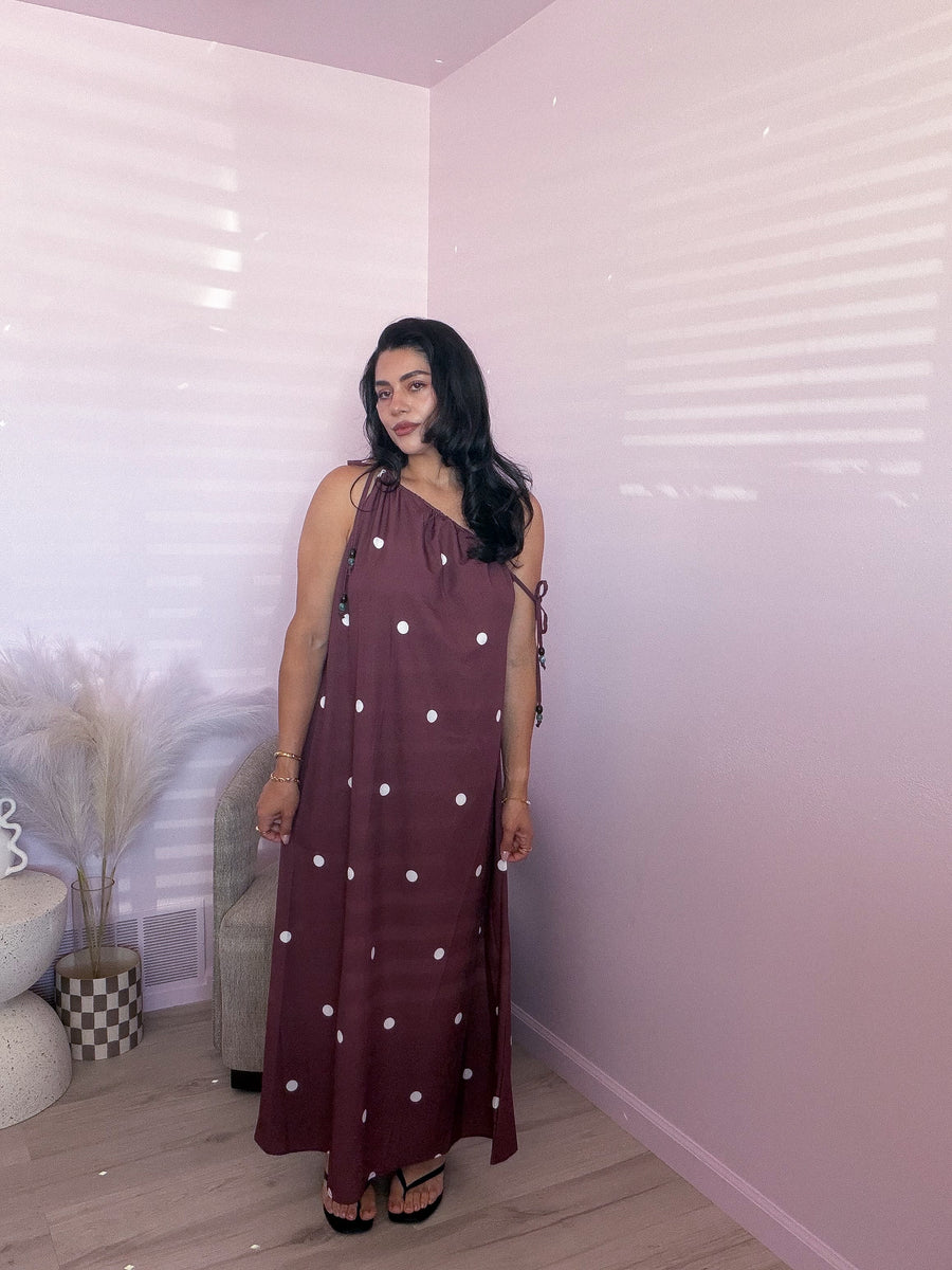 brown and white polka dot maxi dress Lettie Mesh Maxi Dress