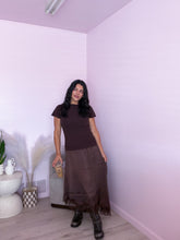 Load image into Gallery viewer, The Espresso Twofer Asymmetrical Lace Midi Dress