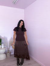 Load image into Gallery viewer, The Espresso Twofer Asymmetrical Lace Midi Dress