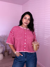 Load image into Gallery viewer, Mikayla Fuzzy Knit Striped Cardigan in Blue/Pink