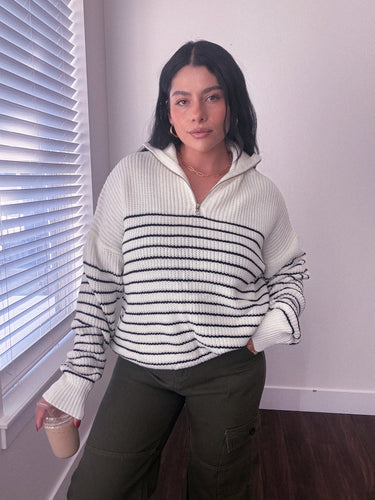 Half Zip Up Striped Knit Sweater