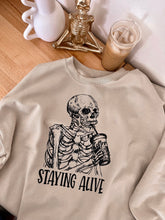 Load image into Gallery viewer, Staying Alive Skeleton Coffee crewneck sweatshirt
