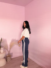 Load image into Gallery viewer, Bowed Striped Track Pants in Dusty Navy Blue