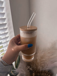 *RESTOCKED* Ribbed iced coffee glass cup *with lid & straw*