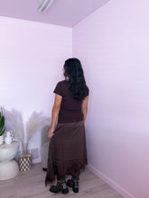 Load image into Gallery viewer, The Espresso Twofer Asymmetrical Lace Midi Dress
