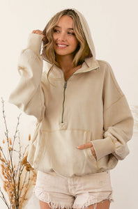 Oatmeal balloon sleeve half zip up oversized hoodie (S-XL)