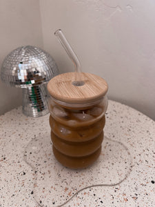 Bubbly iced coffee glass cup *with lid & straw*