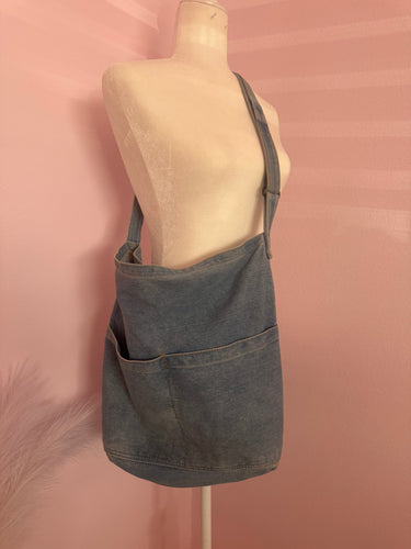 Denim tote bag with adjustable strap & multiple pockets
