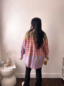 Happy camper oversized bleached plaid flannel shirt *S-XL*