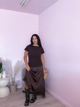 Load image into Gallery viewer, The Espresso Twofer Asymmetrical Lace Midi Dress