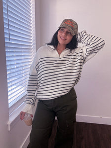 Half Zip Up Striped Knit Sweater
