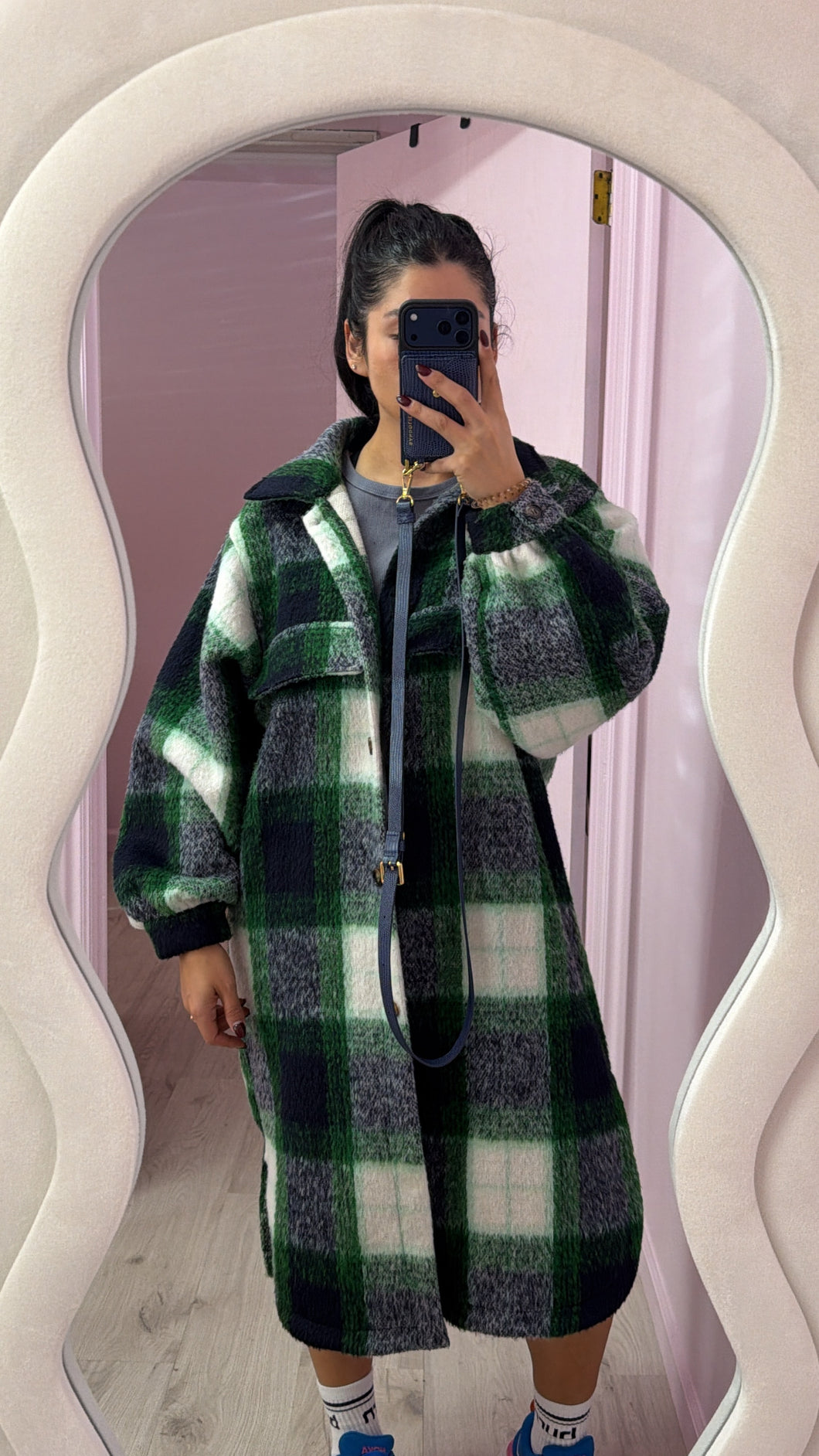 Long plaid coat green