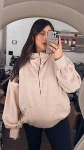 Oatmeal balloon sleeve half zip up oversized hoodie (S-XL)