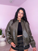 Load image into Gallery viewer, Olivia Faux Leather Bomber Jacket in Olive