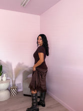 Load image into Gallery viewer, The Espresso Twofer Asymmetrical Lace Midi Dress
