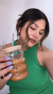 Bubbly iced coffee glass cup *with lid & straw*