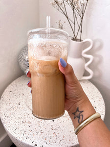 Textured iced coffee glass cup *with lid & straw*