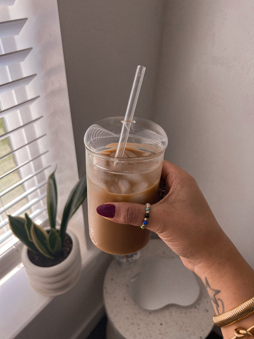 bubble iced coffee glass cup *with lid & straw*