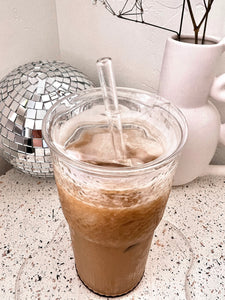 Textured iced coffee glass cup *with lid & straw*