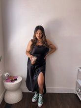 Load image into Gallery viewer, Little Black Satin Slip On Dress