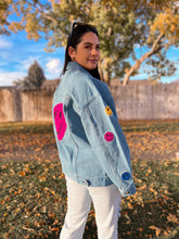 Load image into Gallery viewer, happy &amp; rad patched denim jacket